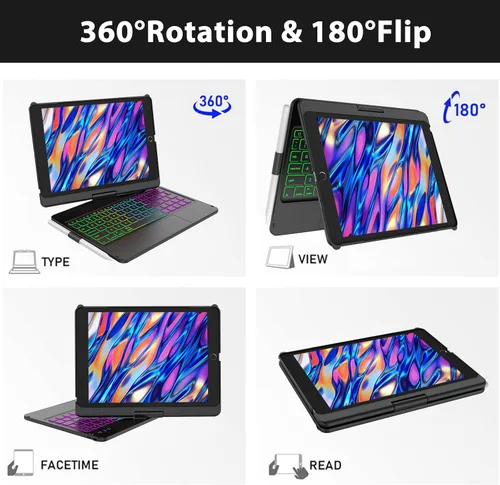 Vista 6 de aMZCaSE Funda para iPad de 9ª/8ª/7ª generación con teclado y soporte para bolígrafo, retroiluminación colorida, cubierta delgada giratoria de 360°