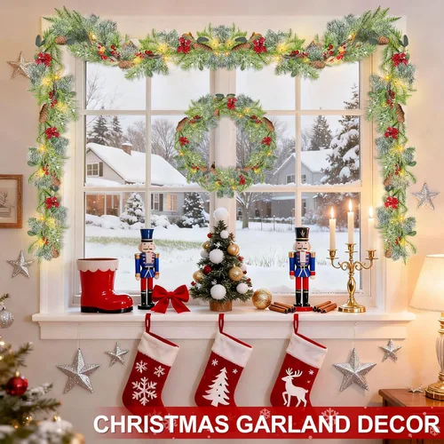 Vista 7 de Timer – Guirnalda de Navidad preiluminada con nieve artificial de 6 pies, guirnalda de cedro de tacto real con luces, bayas rojas y piñas de pino