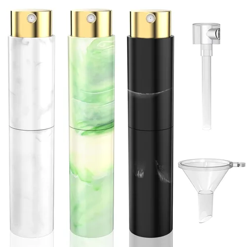 Vista 9 de Vitog - Atomizador de perfume de viaje de 10 ml con textura de mármol recargable, dispensador de colonia vacío mini botella de spray con embudo