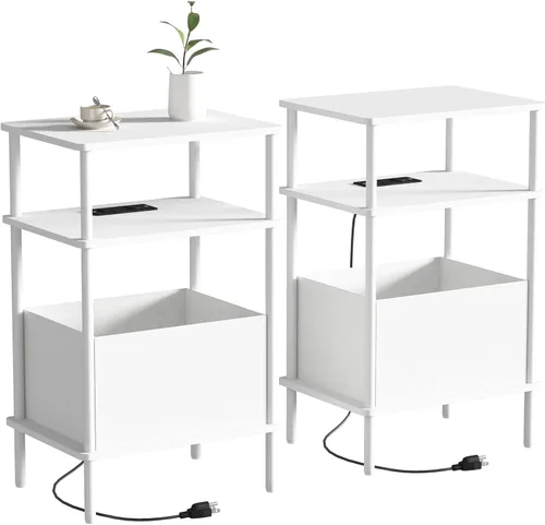 Vista 10 de Mesa auxiliar pequeña con estación de carga, mesa auxiliar para espacios pequeños, mesita de noche delgada con tomacorriente, sofá junto a la mesa