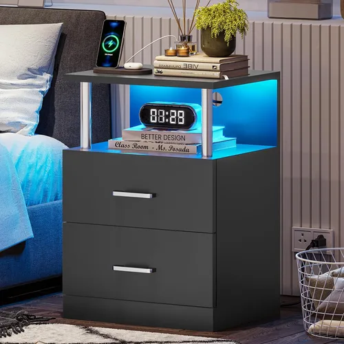 VIAGDO - Mesa de noche negra con estación de carga y puertos USB, mesa de noche LED con 2 cajones, mesas de cabecera modernas con almacenamiento