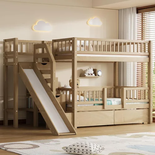 Vista 264 de Cama de casa de tamaño individual con elegantes ventanas y estantería, litera con diseño de castillo de madera con barandillas de seguridad