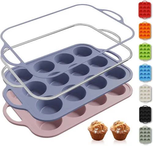 Vista 10 de 12 Tazas Molde para Muffins de Silicona con Marco Reforzado de Metal, Molde Regular para Cupcakes, Bandeja para Huevos, Moldos Circulares