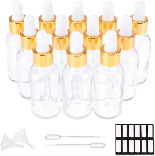 Vista 16 de PrettyCare Botellas de cristal con cuentagotas de 2 onzas líquidas, 12 botellas transparentes vacías gruesas a granel con tapas doradas a prueba