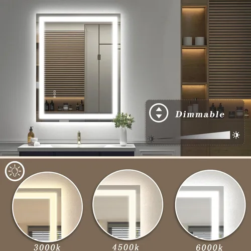 Vista 3 de Espejo de baño LED iluminado de 30 x 30 pulgadas para pared, espejo cuadrado de tocador con luces, regulable, antivaho, a prueba de roturas