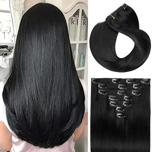 Vista 20 de Extensiones de cabello humano con clip de 14 pulgadas, 4.33 oz, 7 piezas, 16 clips, color marrón chocolate, doble trama, extensiones de cabello Remy
