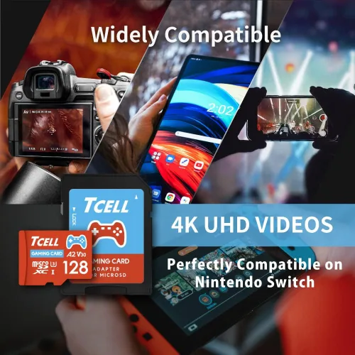 Vista 6 de TCELL Tarjeta Micro SD para juegos de 128 GB, tarjeta SD Nintendo Switch, microSDXC A2 USH-I U3 V30 Leer 100MBs Escribir 80MBs con adaptador