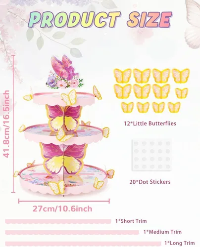 Vista 2 de WERNNSAI Soporte para cupcakes de mariposa de 3 niveles, decoración de fiesta de cumpleaños de mariposa rosa, soporte para cupcakes para niñas