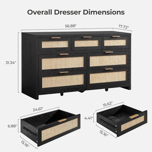 Vista 3 de SICOTAS Cómoda de 7 cajones para dormitorio, cómodas de ratán de 57" de ancho, cómoda grande con cajones para dormitorio, cómoda soporte de TV