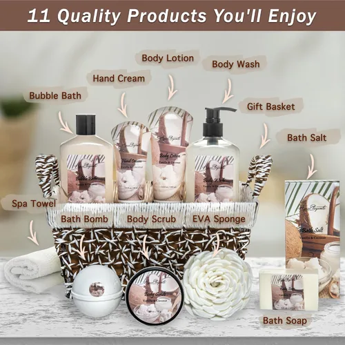 Vista 2 de Canastas de spa para mujeres - Set de baño de lujo con coco y vainilla - Kit de spa incluye lavado, baño de burbujas, loción, sales de baño