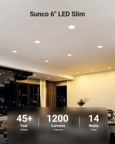 Vista 3 de Sunco- Lighting Paquete de 12 luces de techo LED empotrables ultrafinas, 4 pulg, 2700 K, luz blanca suave, regulable, 10 W=60 W, borde liso