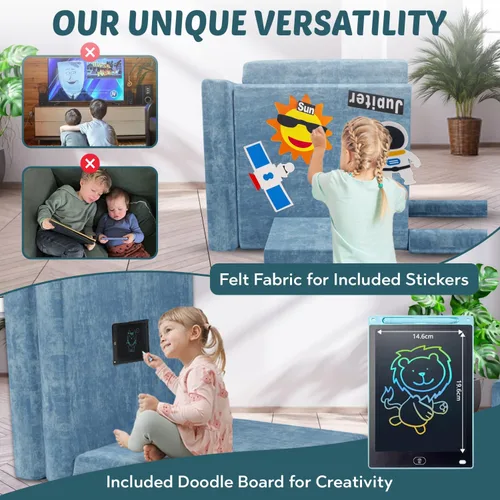 Vista 3 de Sofá y sillón de juego modular para niños con tablero de dibujo y calcomanías, juego de espuma 27D de alta densidad, sofá plegable convertible