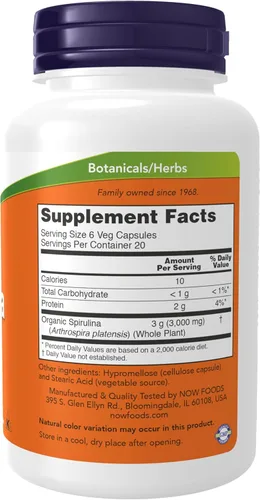 Vista 2 de Espirulina NOW de 0.0176 oz, 120 cápsulas vegetales.