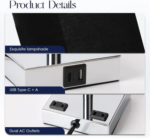 Vista 5 de Soilsiu Juego de 2 lámparas de mesita de noche de 3 vías regulables con puerto de carga USB C y USB A, 2 salidas de CA, bombillas LED de 3000 K Negro