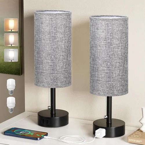 Vista 13 de Fenmzee - Juego de 2 lámparas de mesa de noche con 3 temperaturas de color, lámpara de cadena con puerto de carga de CA, redonda, para dormitorio