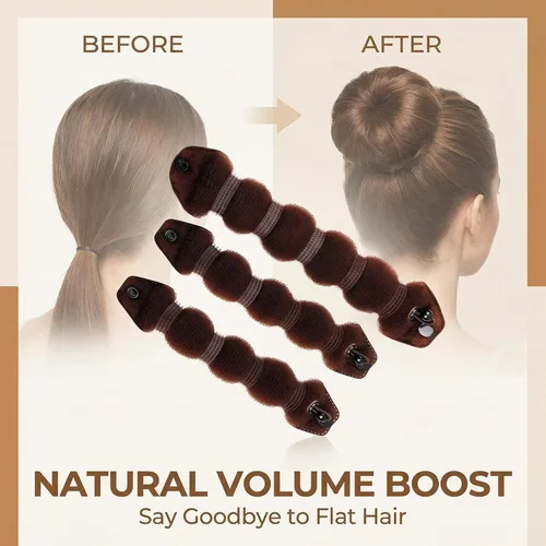 Vista 6 de Rosquilla de pelo mágica para formar rodetes, 3 piezas (1 grande y 2 pequeñas), con clip, Marrón
