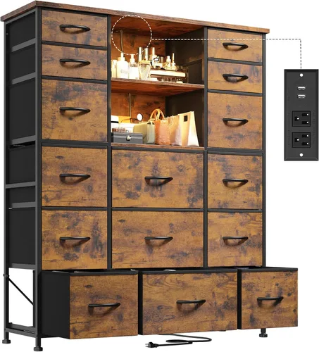 Vista 10 de EnHomee Cómoda de 51 pulgadas de alto con 15 cajones para dormitorio con estación de carga, luces LED y gabinete, cómoda negra resistente, marco