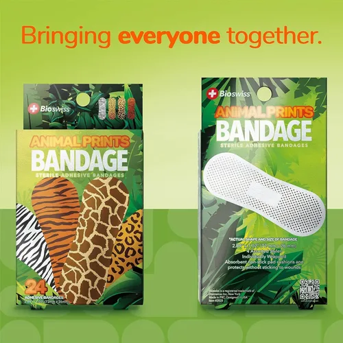 Vista 3 de BioSwiss - Venditas autoadhesivas con estampados de animales, leopardo, cebra, jirafa y tigre, estériles y sin látex para el cuidado de heridas