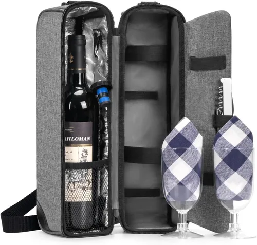 Vista 13 de ALLCAMP - Bolsa de vino con compartimento refrigerador, juego de picnic que lleva dos juegos de vajilla