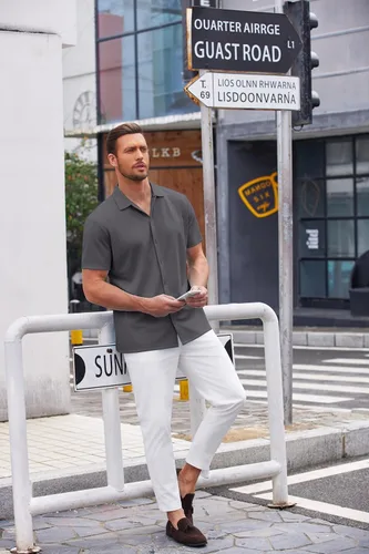 Vista 29 de COOFANDY Camisa casual con botones para hombre, manga corta, sin arrugas, camisa de verano