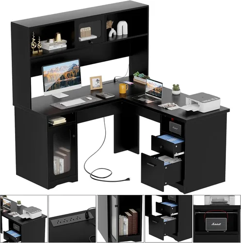 Vista 5 de Unikito Escritorio de oficina con cajones y gabinete, escritorio grande en forma de L para computadora con toma de corriente y luces LED, escritorio
