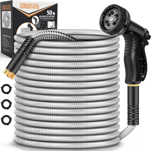 Vista 8 de Manguera de Jardín de Metal de 25 Pies, Manguera de Agua Resistente de Acero Inoxidable con Boquilla de 10 Funciones, Sin Torceduras, Resistente
