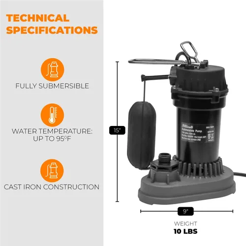 Vista 3 de XtremepowerUS Bomba sumergible automática de sumidero de aleación de aluminio con interruptor de flotador vertical integrado, cable de 10 pies, 115