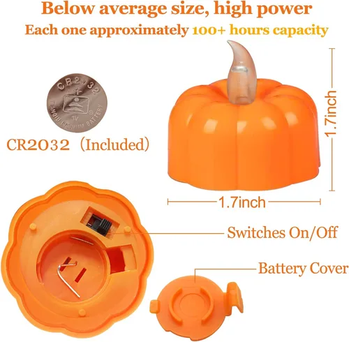 Vista 3 de Decoraciones de otoño para el hogar, luces de té de calabaza, paquete de 12 luces LED de calabaza naranja sin llama, velas que funcionan