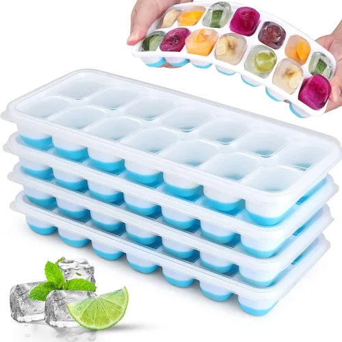 Vista 9 de Paquete de 4 bandejas para cubitos de hielo, fáciles de liberar y flexibles, bandejas de silicona para cubitos de hielo de 56 piezas con tapa