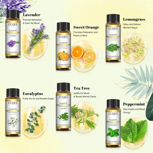 Vista 3 de EUQEE Juego de 6 aceites esenciales puros para difusores, fabricación de velas de jabón, lavanda, eucalipto, menta, árbol de té, naranja dulce