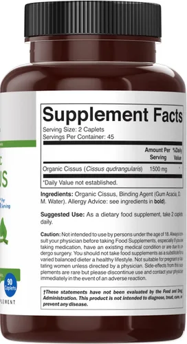 Vista 4 de Brieofood Organic Cissus Quadrangularis 1500mg, 45 porciones, vegetariano, sin gluten, 90 tabletas vegetarianas