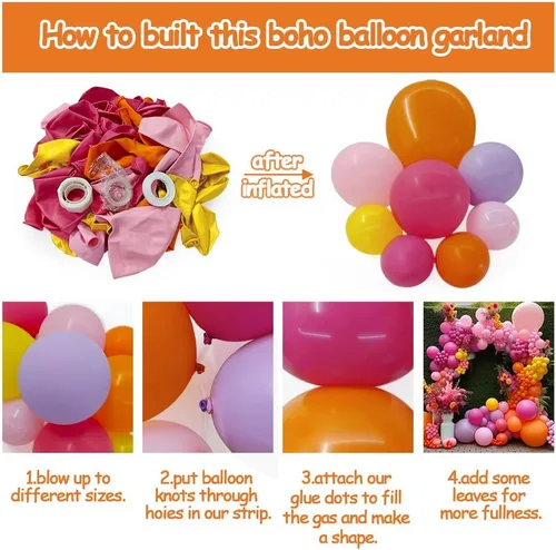 Vista 4 de Guirnalda de globos de color rosa y amarillo intenso, naranja mate, morado, amarillo, doble relleno, lavanda, kit de arco de globos de látex