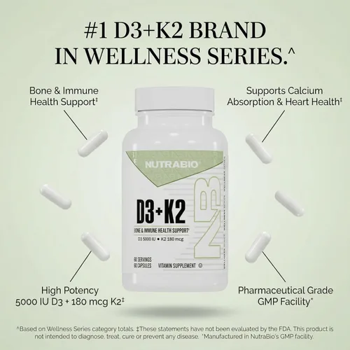 Vista 7 de NutraBio Vitamina D3 K2 5000 UI D3 como colecalciferol con vitamina K2 como MENA-Q MK7 (180 mcg) Apoya la salud ósea y cardíaca Sin OMG, sin