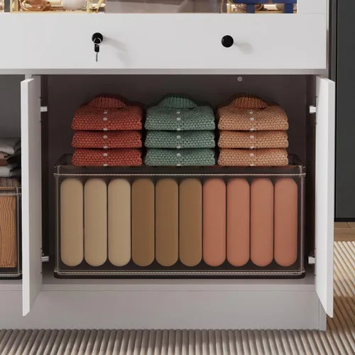 Vista 5 de Armoire - Armario de isla para dormitorio, isla con cajón de vidrio y 3 puertas, isla de cristal para dormitorio, guardarropa, tienda blanca