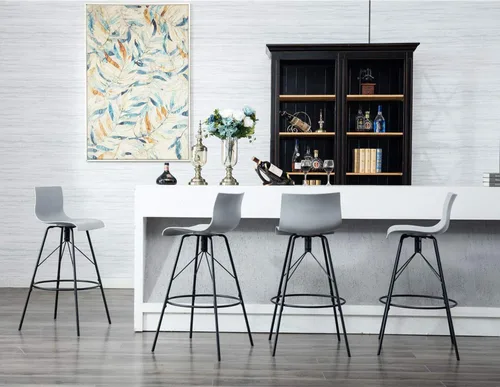 Vista 4 de Awonde Juego de 4 taburetes de bar giratorios de 26 pulgadas con respaldo, sillas de bar modernas, asiento de plástico gris, patas de metal