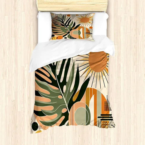 Vista 56 de Ambesonne Monstera - Juego de funda de edredón, estilo escandinavo bohemio, estampado triangular poligonal geométrico, juego de ropa de cama