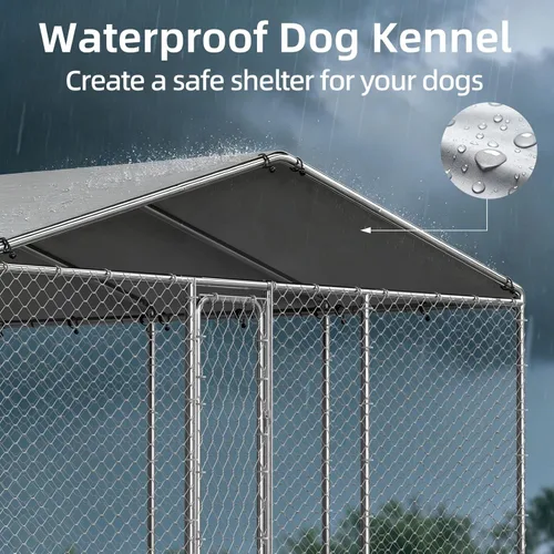 Vista 3 de Perrera para perros de 10 x 10 pies, recinto resistente para perros exteriores con cubierta impermeable y cerradura de seguridad para perros grandes