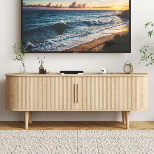 Vista 43 de Soporte de TV, mesa consola multimedia con puerta corredera y compartimento de almacenamiento, centro de entretenimiento moderno con almacenamiento