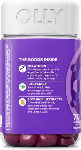 Vista 9 de OLLY Gomitas para Dormir, 3 mg de Melatonina, L-Teanina, Manzanilla, Bálsamo de Limón, Ayuda para Dormir, Sabor a Mora - 70