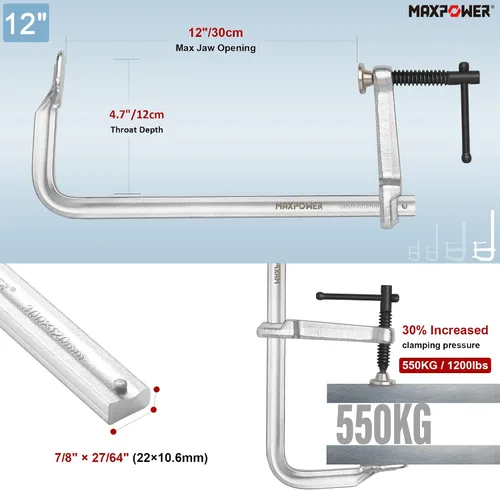 Vista 4 de MAXPOWER Abrazaderas F de servicio ligero para soldadura de 4", 8", 8" y 12", paquete de 4 Fuerza de sujeción 580 lbs and1200 lbs, kit completo