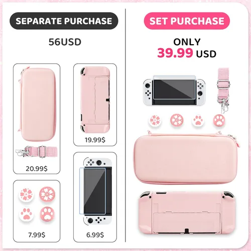 Vista 4 de RHOTALL Cute Sakura Carrying Case Set for Nintendo Switch OLED,Pink Flower Accessories Bundle for Switch OLED with Hard Case, Screen Protector, 4