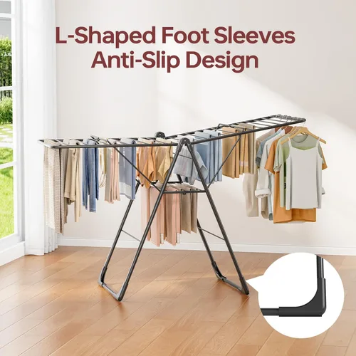 Vista 4 de APEXCHASER Tendedero plegable de gran tamaño con cubierta de pie en forma de L, altura ajustable, estante de lavandería multibarra, uso en Negro