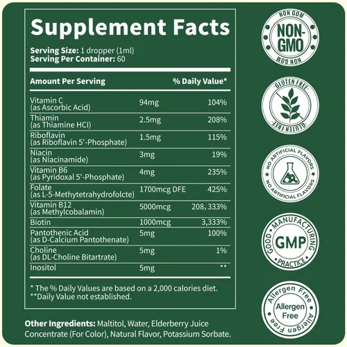 Vista 6 de Gotas de complejo de vitamina B, metilcobalamina activa B12 5000mcg, B6, B1, B2, B5, B7, B3, folato con vitamina C, líquido sublingual B12
