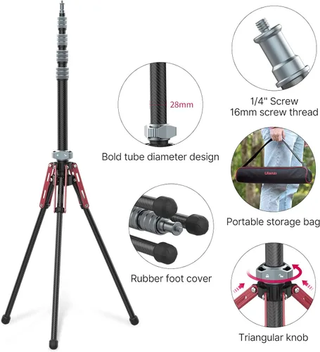 Vista 7 de ULANZI Soporte de luz de fibra de carbono MT-49, trípode ajustable para fotografía con clip para teléfono, 76.4 in/76.4 pulgadas trípode resistente