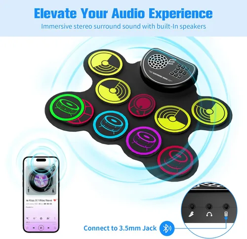 Vista 5 de Miortior Juego de batería electrónica, 10 almohadillas enrollables, almohadilla de práctica con pedales de batería y palos, altavoz integrado