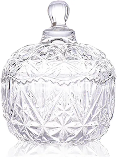Vista 25 de Tarro de almacenamiento de caramelos de vidrio de cristal colorido con relieve, lujoso recipiente para buffet de galletas con tapas, caja