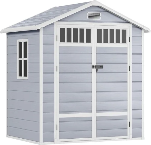 Vista 9 de DWVO Cobertizo de almacenamiento al aire libre de 35 pies cúbicos con puerta con cerradura única en forma de X, cobertizo de herramientas de resina