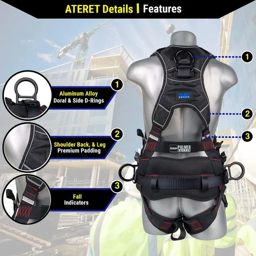 Vista 3 de Palmer Safety Arnés de seguridad para construcción de protección contra caídas, pecho y piernas QCB, anillos en D de aluminio, resistente al aceite