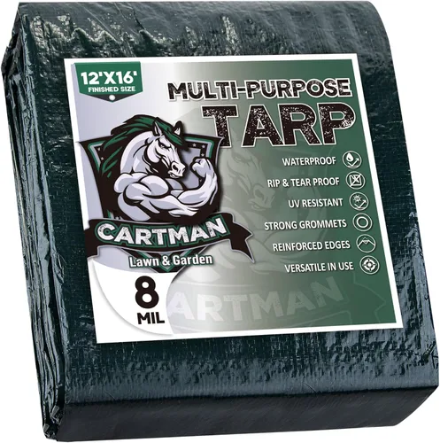 Vista 24 de CARTMAN Lona verde impermeable de 8 x 10 pies, tamaño acabado, 8 mil de grosor, cubierta protectora multiusos para emergencia, refugio de lluvia