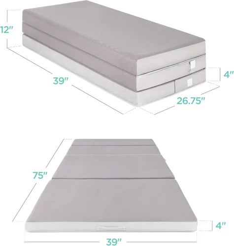 Vista 6 de Best Choice Products 4in Portable Twin-Size Mattress, Tri-Fold Mattress for Camping, Guest, Toddler, Foam Plush w/Carry Case - Grey